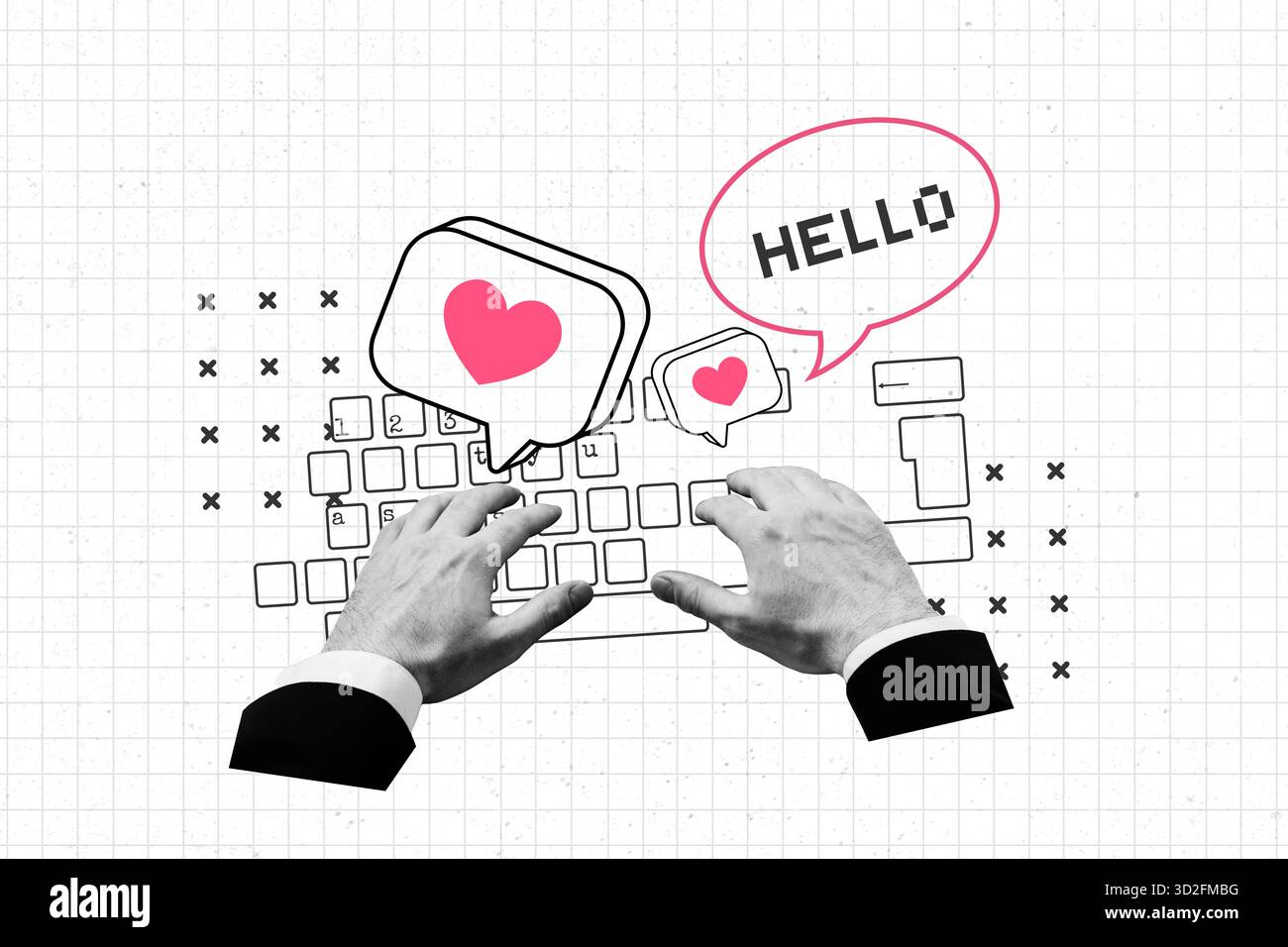 Full 3d art pop image collage of human hands type keypad heart icon ...