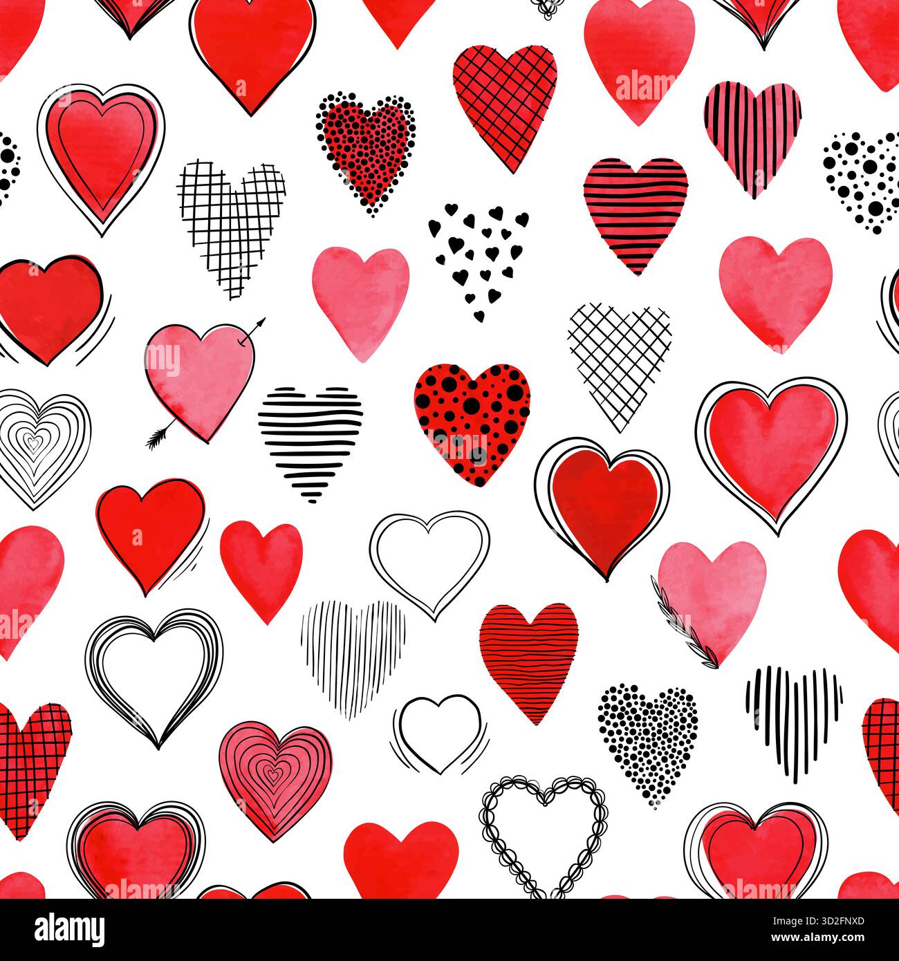 Beautiful Seamless pattern with red watercolor hearts with doodle ...