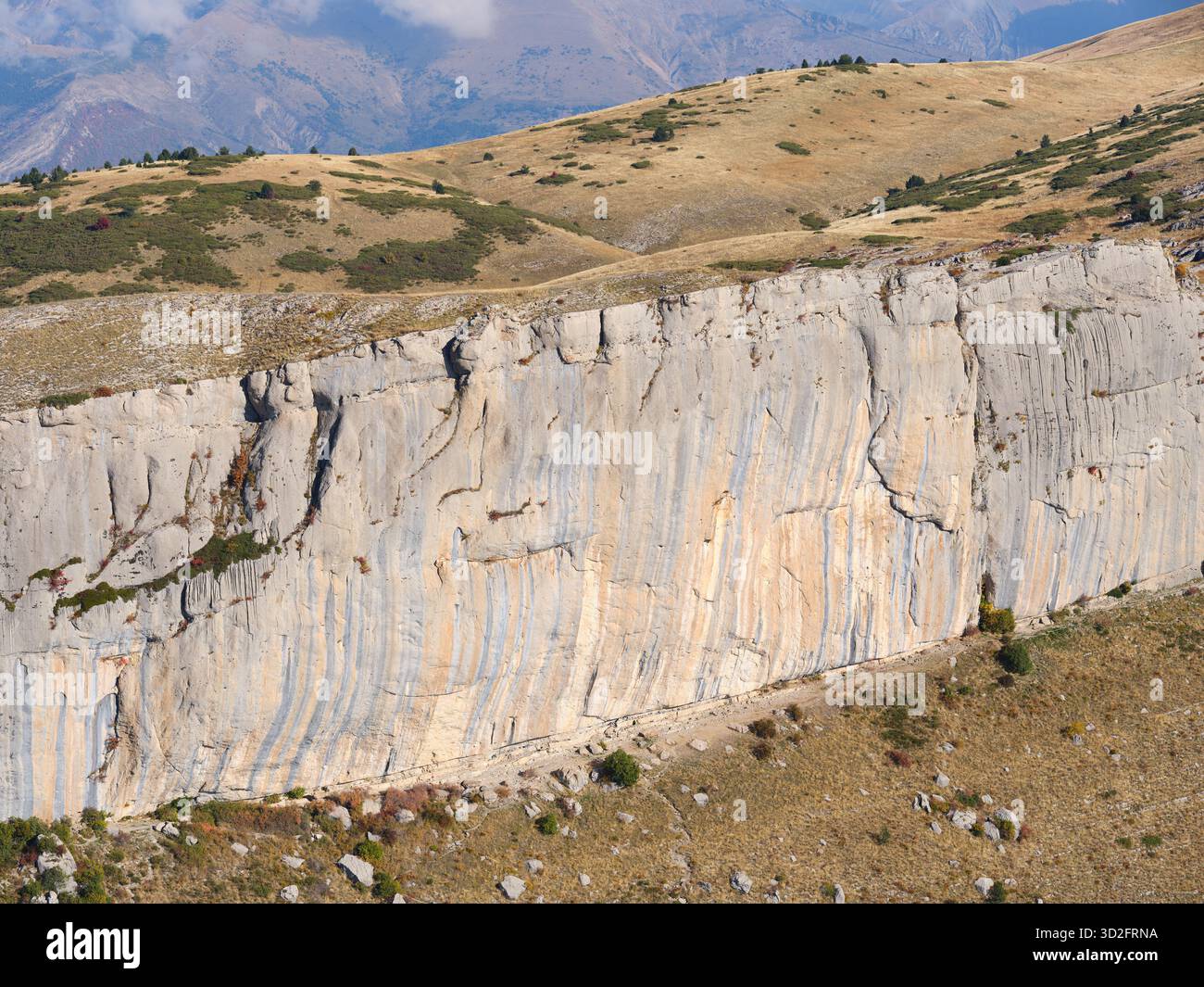 AERIAL VIEW. Céüse Mountain, a picturesque summit known for its many challenging climbing sites. Sigoyer, Haute-Alpes, France. Stock Photo