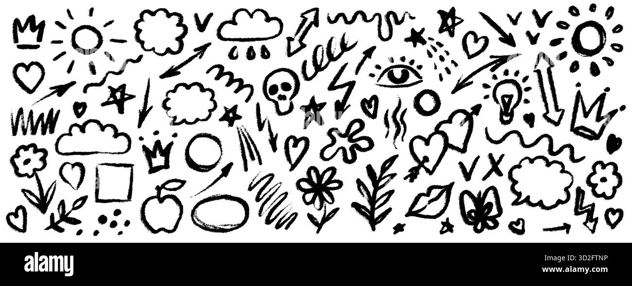 Hand drawn doodle design elements, black on white background. Swishes ...