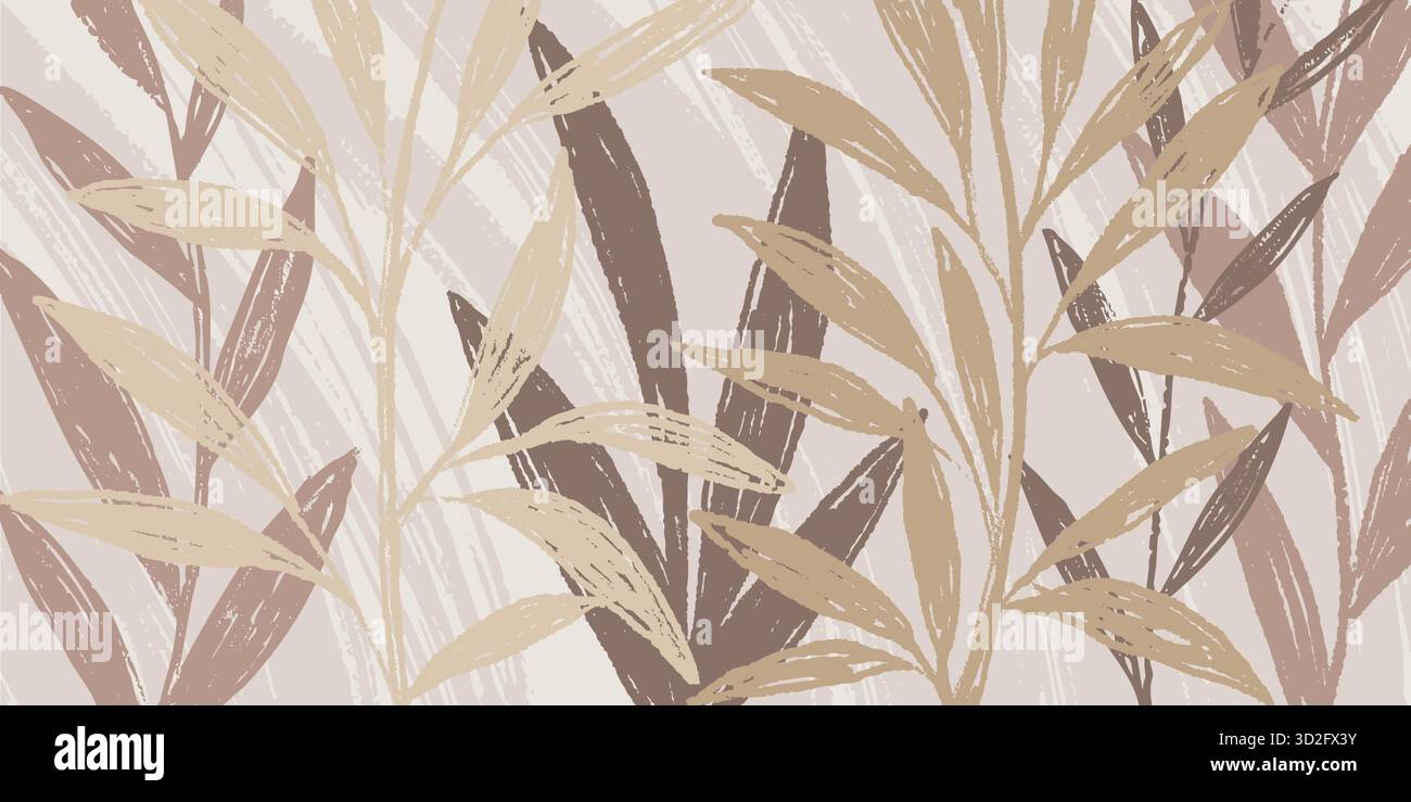 Abstract art beige colors tropical line art leaves background vector ...