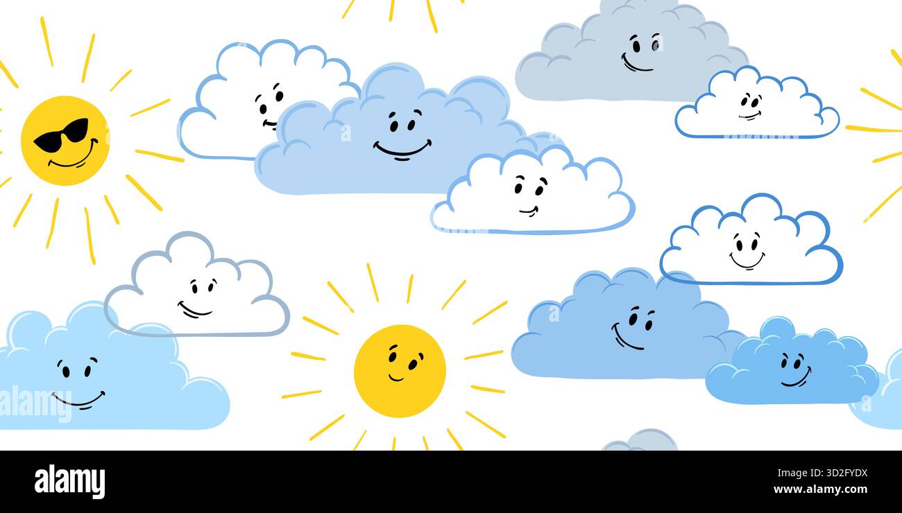 Cute hand-drawn seamless pattern with suns and clouds in a childish style. cartoon daytime sky. Weather character with smile face. Repeated print with Stock Vector
