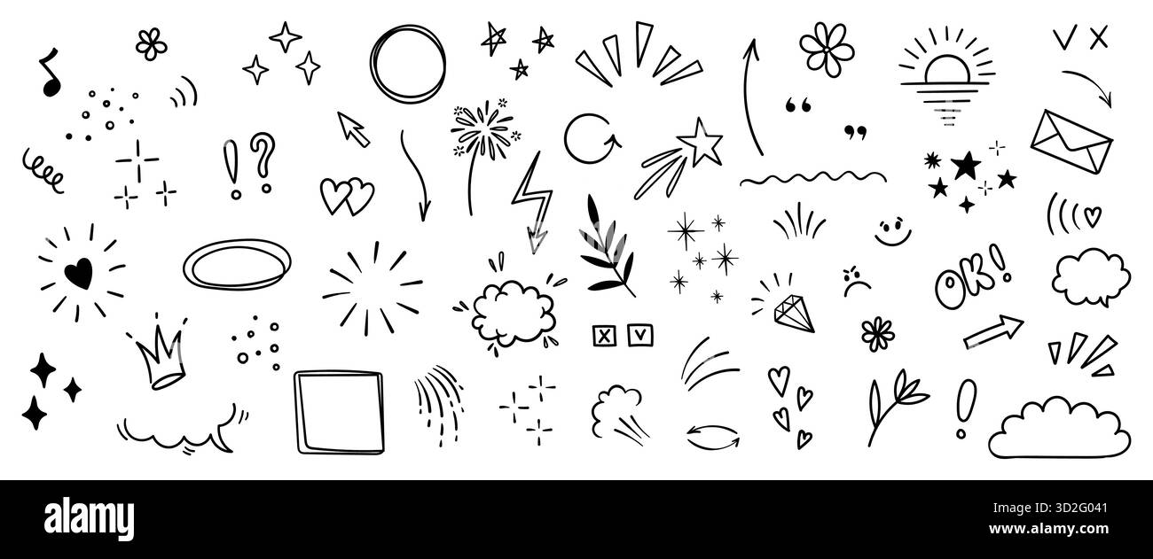 Hand drawn doodle design elements, black on white background. Swishes ...