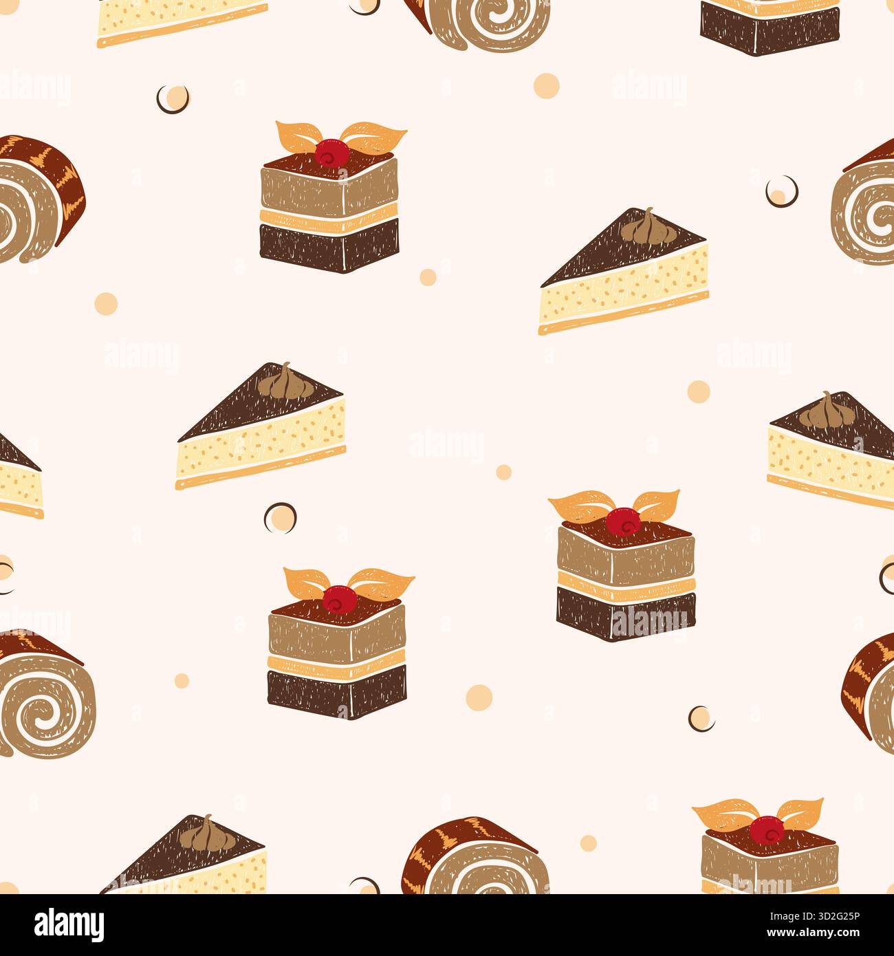 Seamless pattern with hand drawn cakes and desserts. Sweets vector print Stock Vector