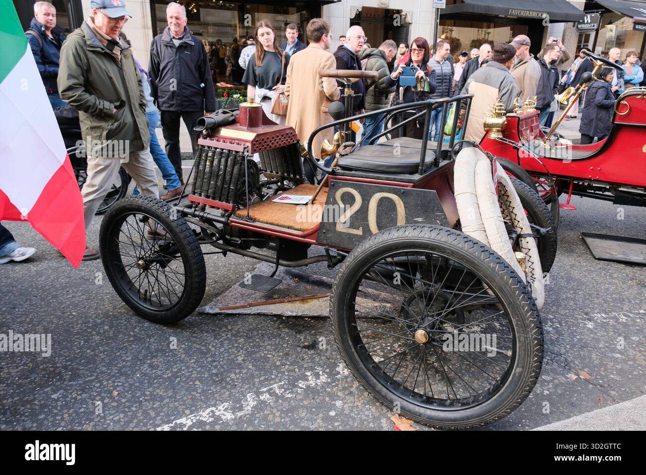 London, UK 1 November 2025. St James's Motoring Spectacle organised by the Royal Automobile Club takes place along Pall Mall in central London. The event is seen as a curtain-raiser to the annual London to Brighton Veteran Car Run with many of the pre-1905 vehicles participating in the historic drive to the south coast of England the following day on display. Stock Photo
