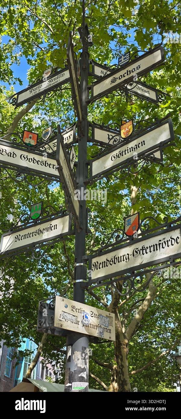 Berlin, Germany - July 03, 2025: . Directional signpost displays various city names surrounded by lush green trees - Smartphone Captured Stock Image