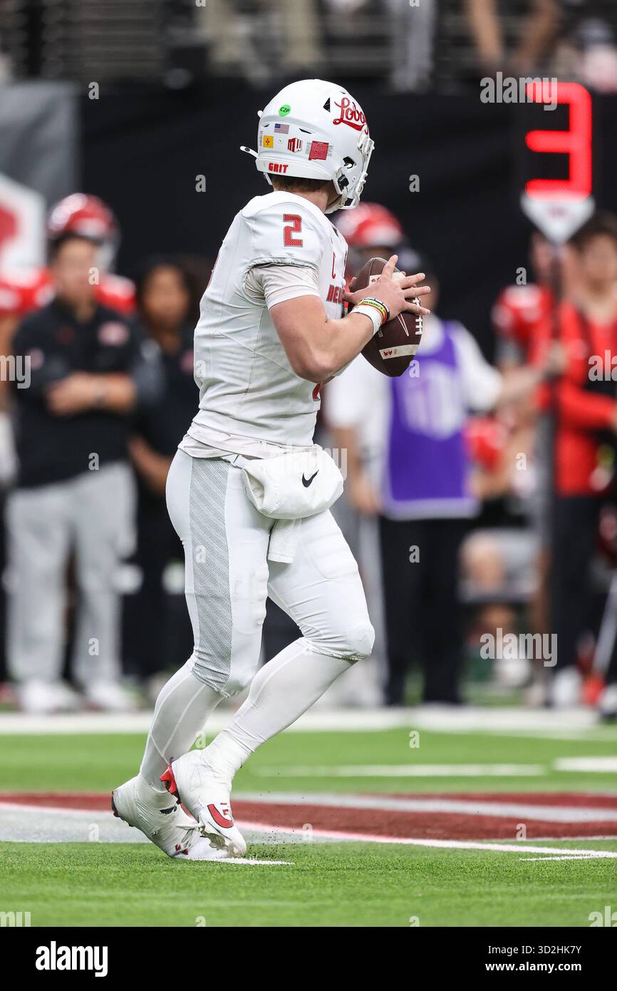 November 1, 2025: New Mexico Lobos quarterback Jack Layne (2) looks for an open receiver during ...