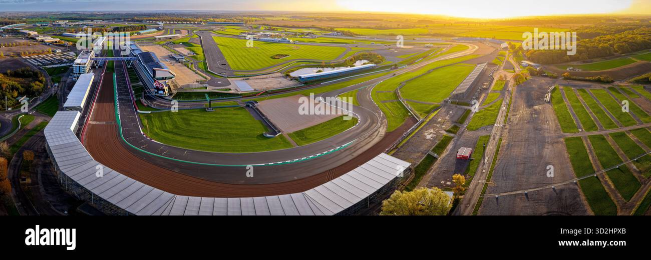Aerial view of Silverstone Circuit in early morning light, featuring ...