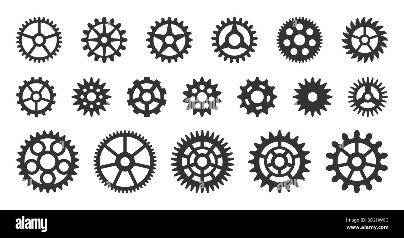 Gears varied sizes icon set. Cogwheel black silhouette. Toothed wheel ...