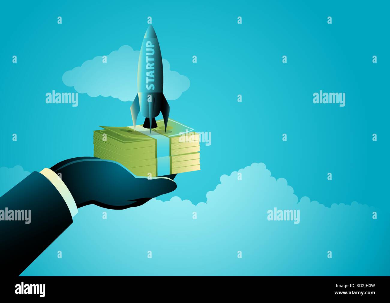 Startup investment launch concept, rocket and money stack vector illustration. Stock Vector