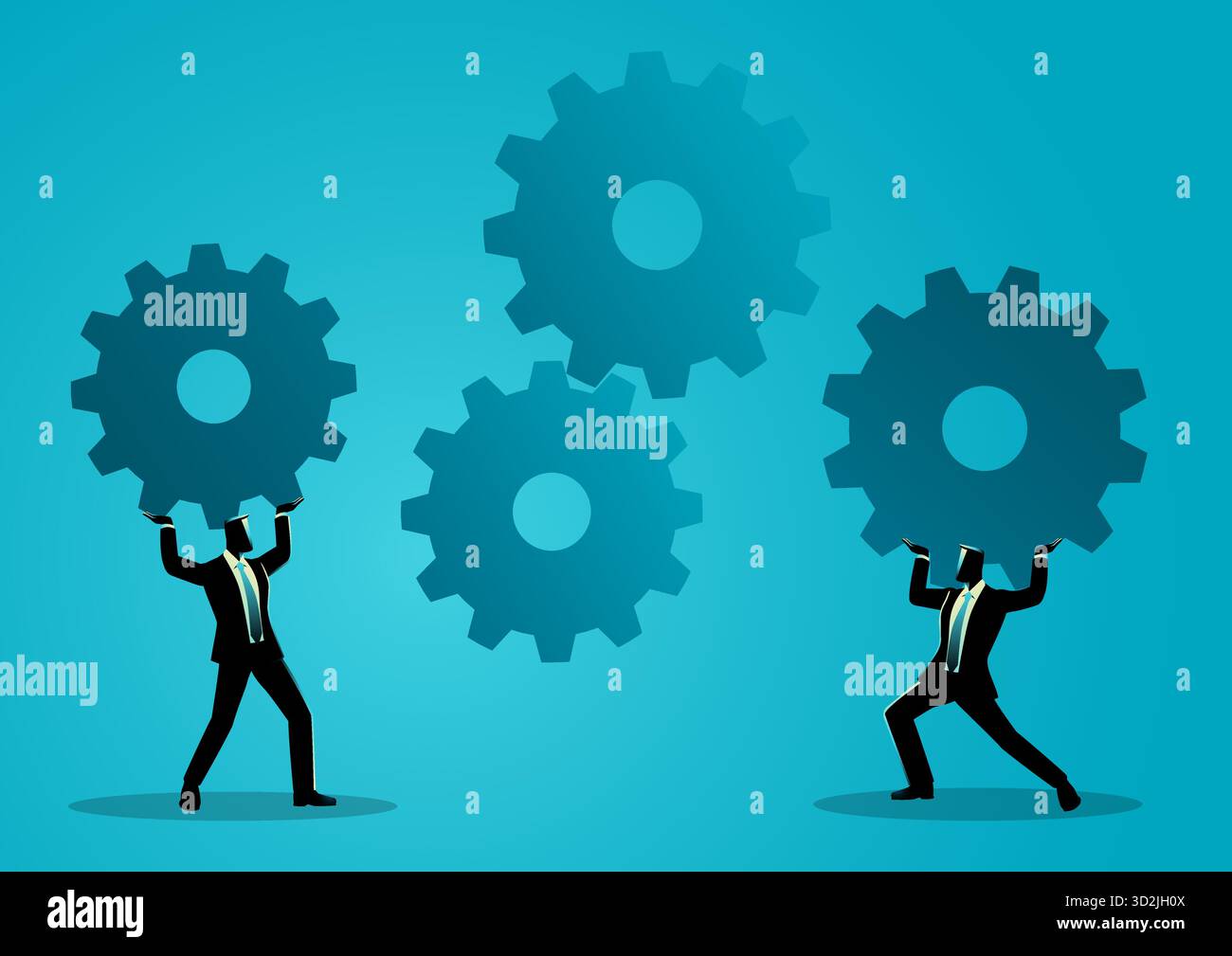 Two businessmen lifting large gears to complete a system, symbolizing collaboration, process optimization, business integration, and teamwork in a cor Stock Vector