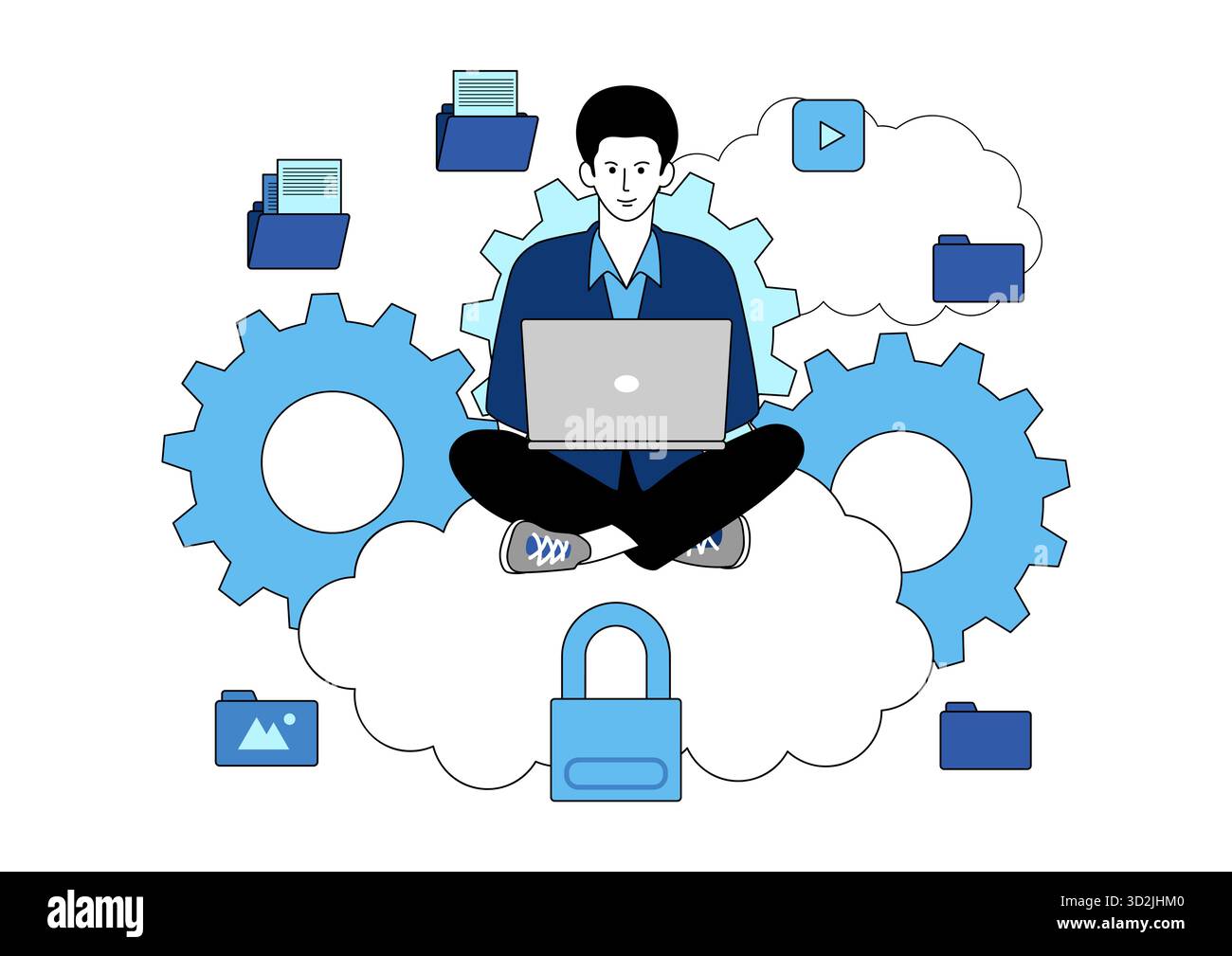 Man working with laptop on clouds, remote work, cloud computing, online, vector illustration Stock Vector
