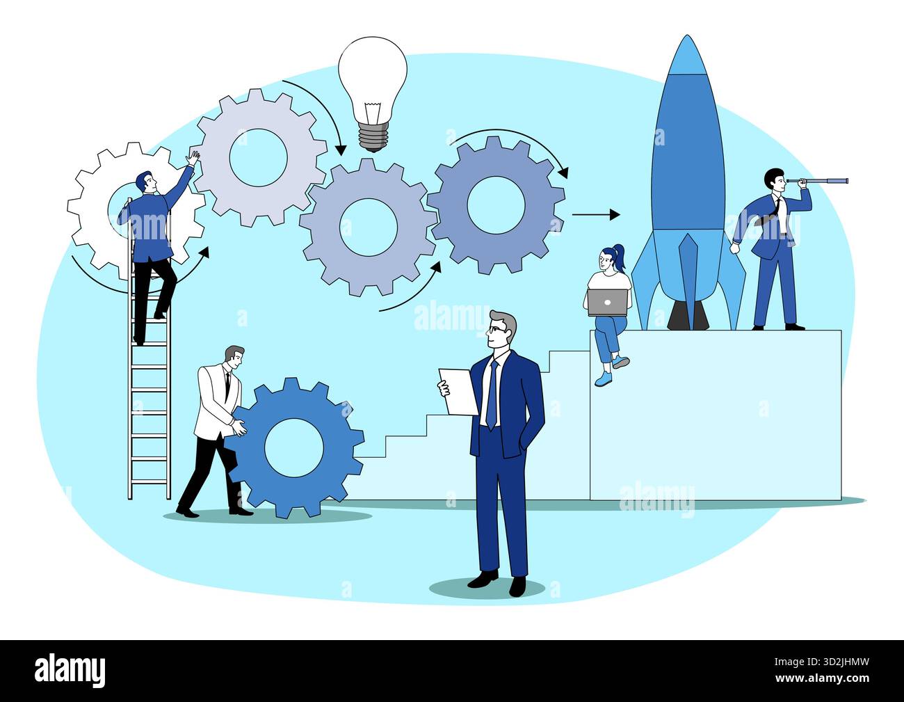 Startup Launch Concept, with teamwork, gears, and light bulb Idea Stock Vector