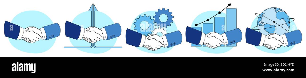 Vector illustration set showing handshakes symbolizing successful ...