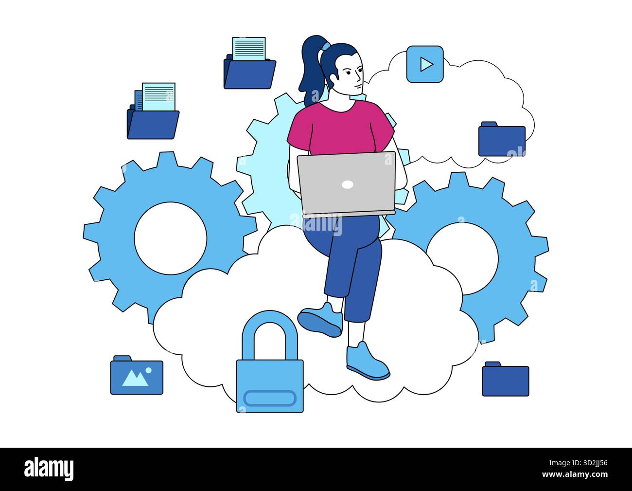 Woman working with laptop on clouds, remote work, cloud computing, online, vector illustration Stock Vector