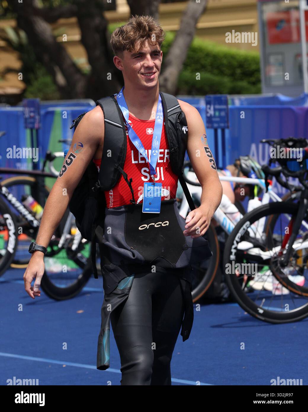 Elias Leimer, of Switzerland, at the 2025 Junior World Triathlon ...