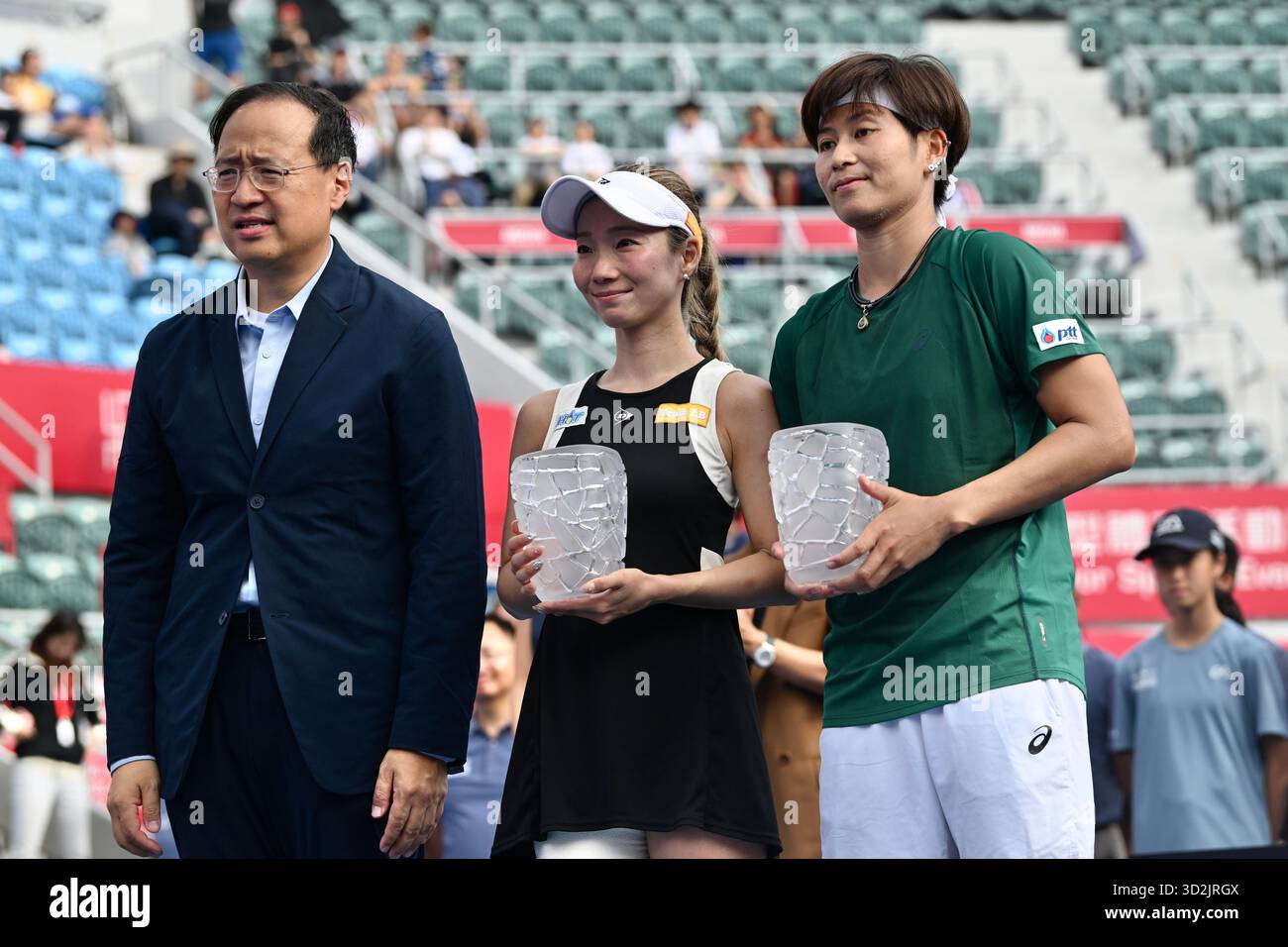 Thailand tennis player Peangtarn Plipuech and Japanese tennis player Momoko Kobori get the runner-up at the Hong Kong Tennis Open on November 2, 2025 in Hong Kong.  (Photo by Kobe Li/Nexpher Images) Stock Photo