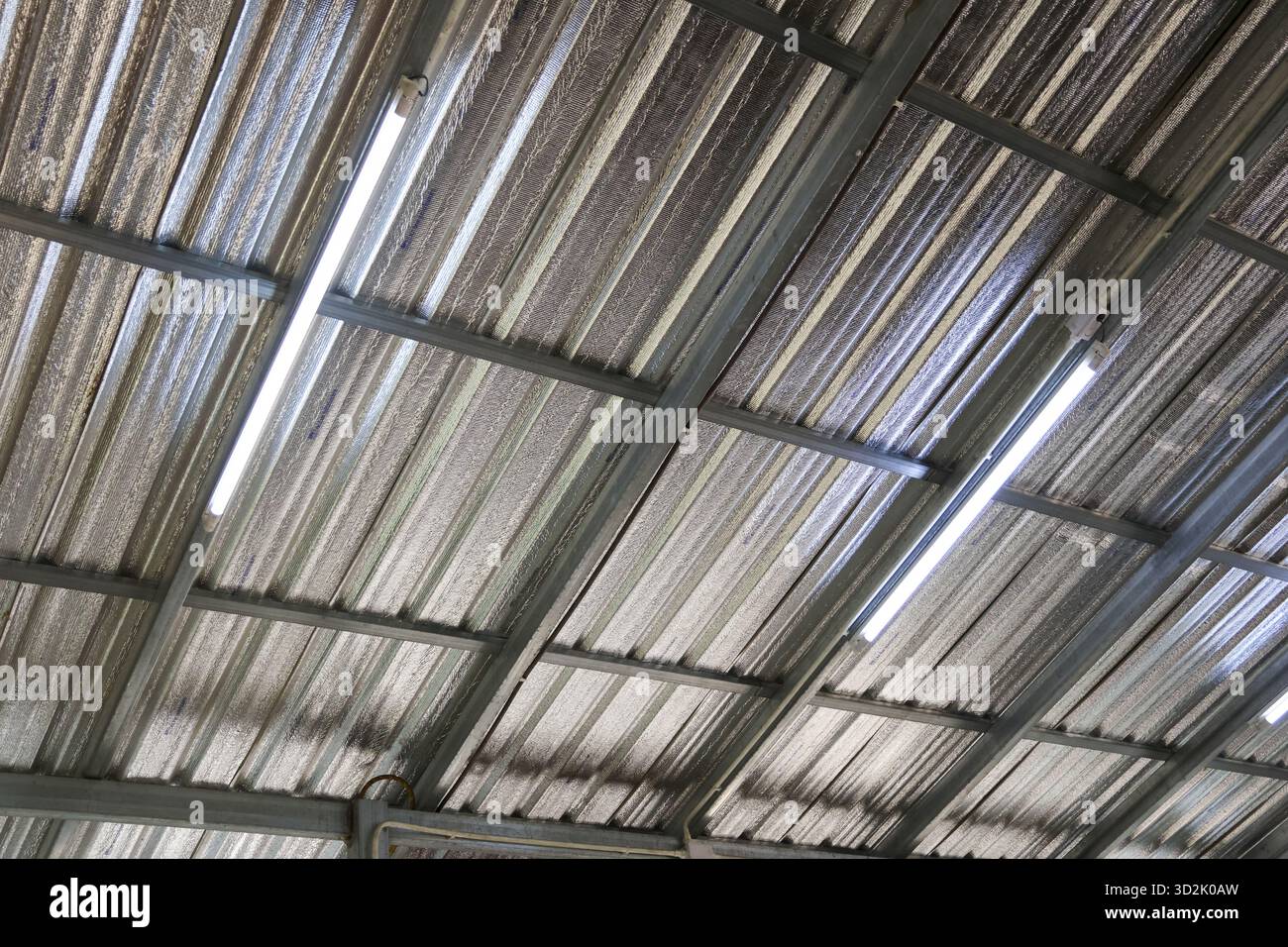 Low angle view of stark industrial ceiling with corrugated metal roof. bright light from fluorescent lamps creates repetitive pattern and texture in w Stock Photo