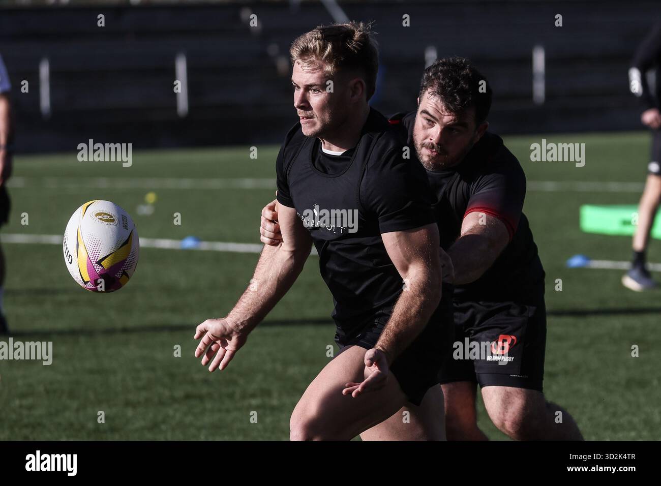 Neder Over Heembeek, Belgium. 02nd Nov, 2025. Belgium's players pictured during a training session of the Black Devils, the Belgian national rugby team, at the Nelson Mandela Stadium in Neder-Over-Heembeek, Brussels, Sunday 02 November 2025. The team is preparing for the qualification games for the World Cup. BELGA PHOTO BRUNO FAHY Credit: Belga News Agency/Alamy Live News Stock Photo