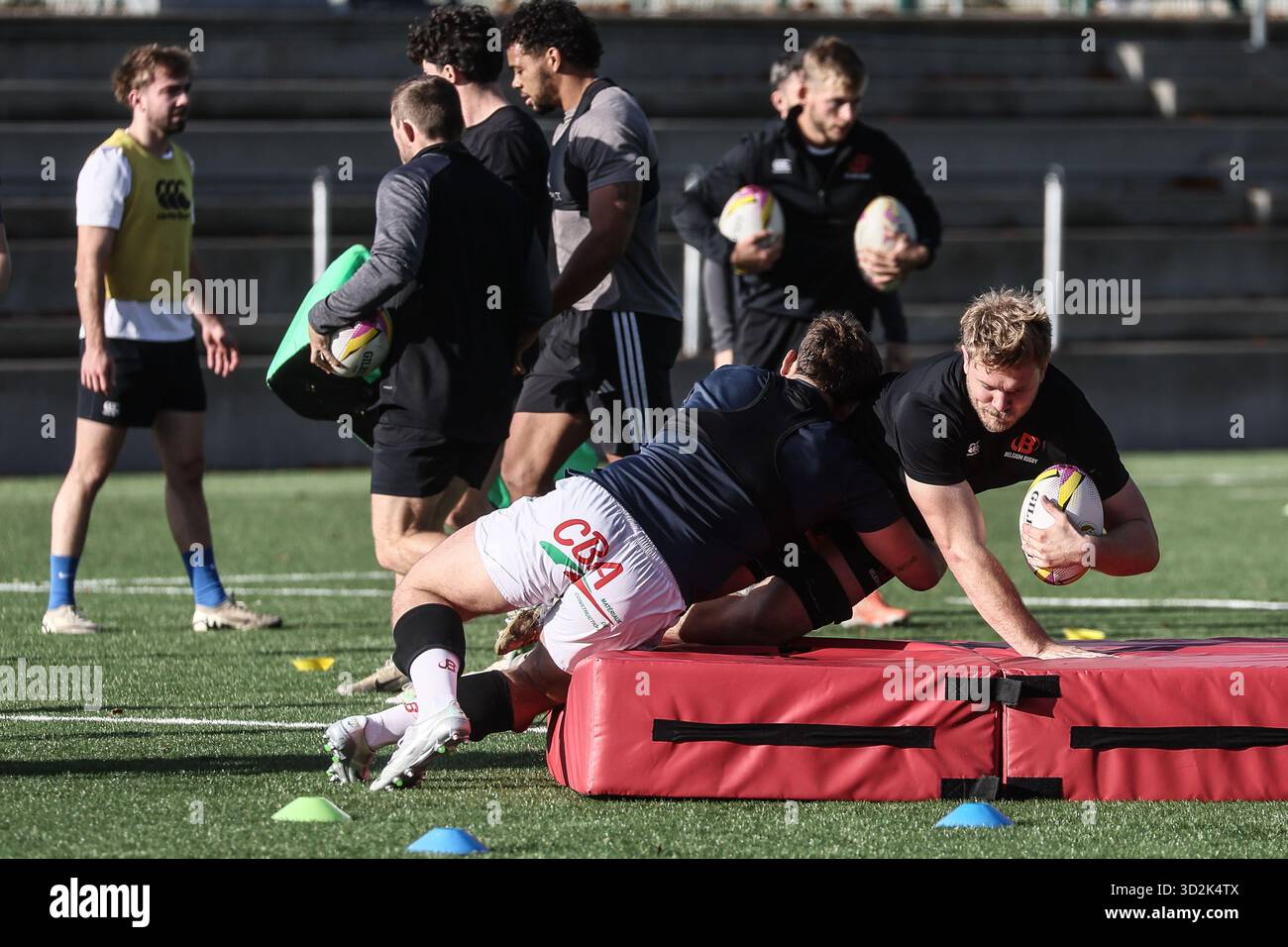 Neder Over Heembeek, Belgium. 02nd Nov, 2025. Belgium's players pictured during a training session of the Black Devils, the Belgian national rugby team, at the Nelson Mandela Stadium in Neder-Over-Heembeek, Brussels, Sunday 02 November 2025. The team is preparing for the qualification games for the World Cup. BELGA PHOTO BRUNO FAHY Credit: Belga News Agency/Alamy Live News Stock Photo