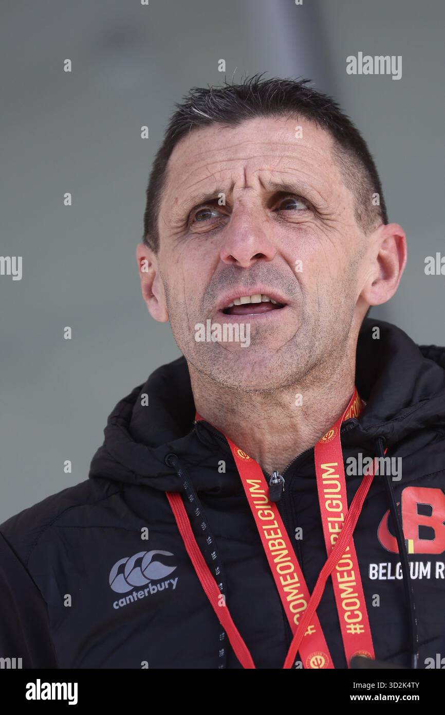Neder Over Heembeek, Belgium. 02nd Nov, 2025. Belgium's head coach Laurent Dossat pictured during a training session of the Black Devils, the Belgian national rugby team, at the Nelson Mandela Stadium in Neder-Over-Heembeek, Brussels, Sunday 02 November 2025. The team is preparing for the qualification games for the World Cup. BELGA PHOTO BRUNO FAHY Credit: Belga News Agency/Alamy Live News Stock Photo