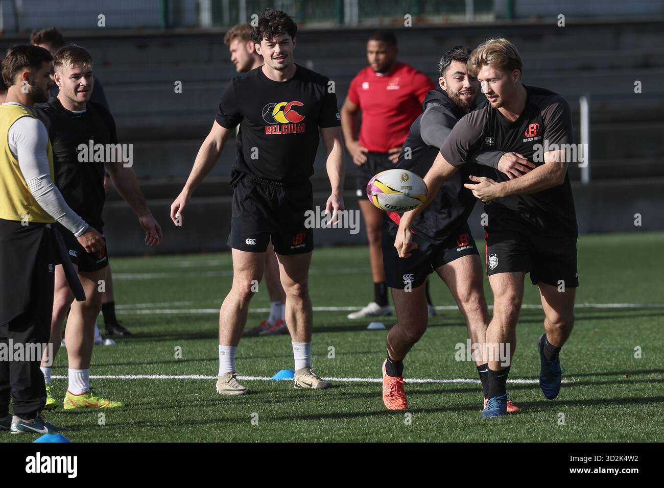 Neder Over Heembeek, Belgium. 02nd Nov, 2025. Belgium's players pictured during a training session of the Black Devils, the Belgian national rugby team, at the Nelson Mandela Stadium in Neder-Over-Heembeek, Brussels, Sunday 02 November 2025. The team is preparing for the qualification games for the World Cup. BELGA PHOTO BRUNO FAHY Credit: Belga News Agency/Alamy Live News Stock Photo