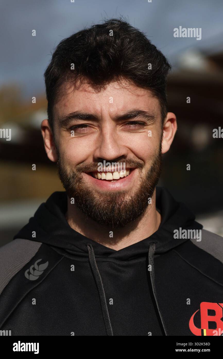 Neder Over Heembeek, Belgium. 02nd Nov, 2025. Belgium's Isaac Montoisy poses for the photographer during a training session of the Black Devils, the Belgian national rugby team, at the Nelson Mandela Stadium in Neder-Over-Heembeek, Brussels, Sunday 02 November 2025. The team is preparing for the qualification games for the World Cup. BELGA PHOTO BRUNO FAHY Credit: Belga News Agency/Alamy Live News Stock Photo