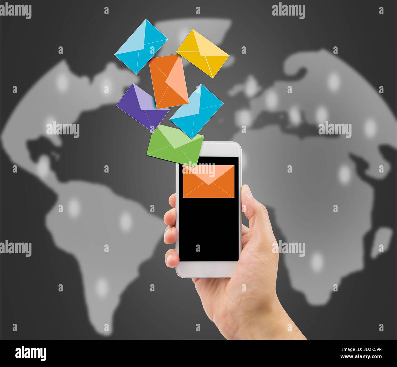 hand with a phone with many mails concept of global communication Stock ...