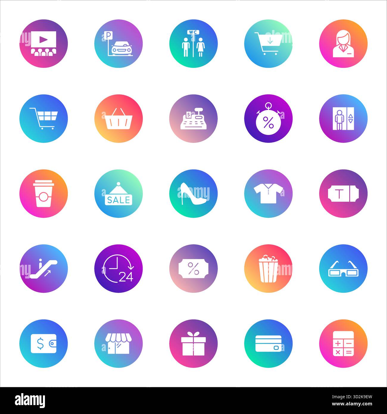 Shopping, retail, services. Vector set of 25 round gradient icons ...