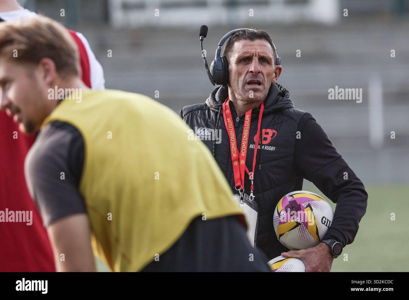 Neder Over Heembeek, Belgium. 02nd Nov, 2025. Belgium's head coach Laurent Dossat pictured during a training session of the Black Devils, the Belgian national rugby team, at the Nelson Mandela Stadium in Neder-Over-Heembeek, Brussels, Sunday 02 November 2025. The team is preparing for the qualification games for the World Cup. BELGA PHOTO BRUNO FAHY Credit: Belga News Agency/Alamy Live News Stock Photo