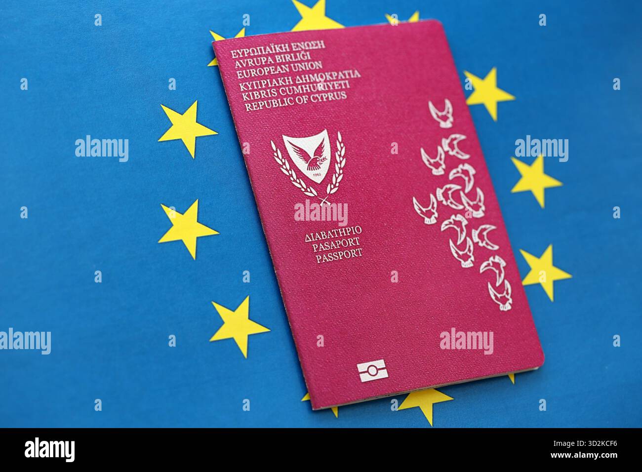 Kyprus passport on European union blue flag background close up. Citizenship in countries of Europe concept Stock Photo
