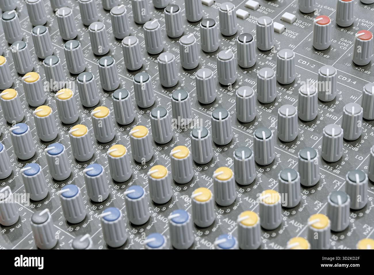 Generic audio mixing console, close up shot, abstract technology background Stock Photo