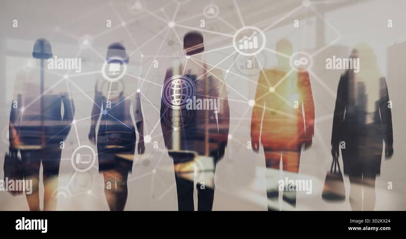 Telecommunications network with global connections and data exchange on digital background. Stock Photo