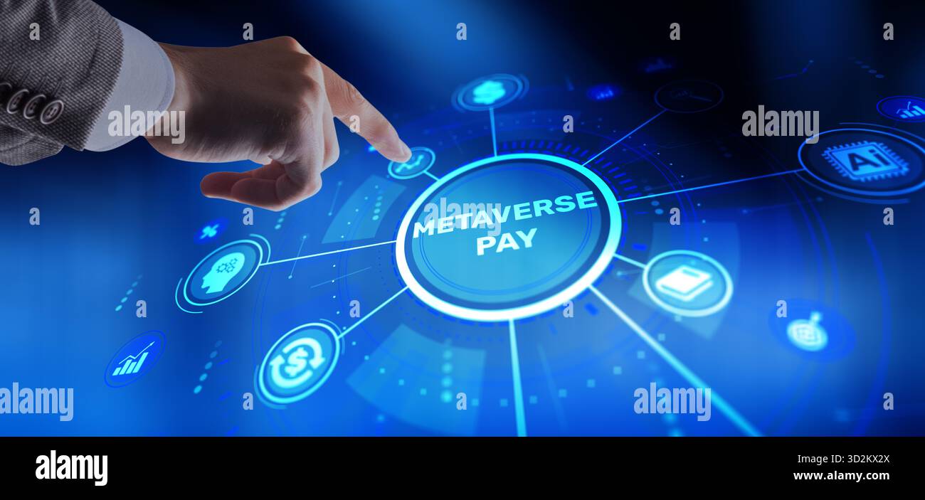 Futuristic metaverse payment system with digital currency and virtual transaction technology. Stock Photo