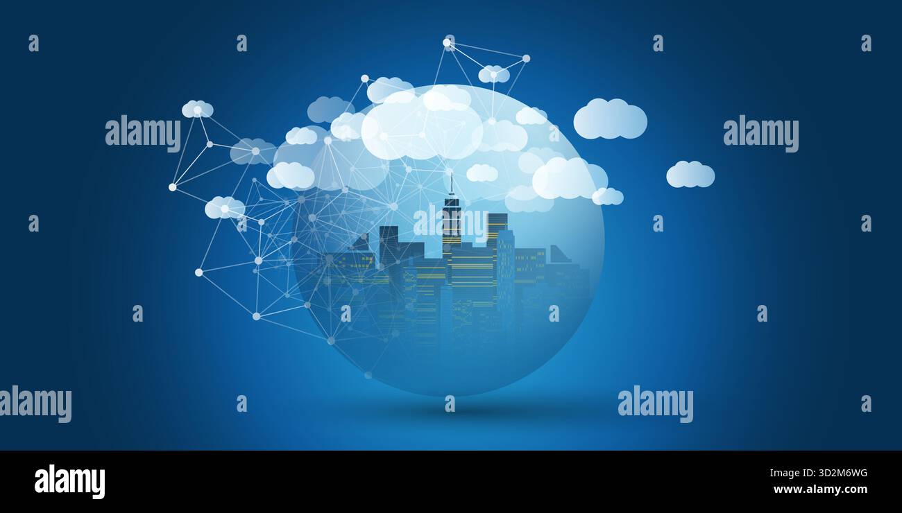 Dark Blue and White Smart City, Cloud Computing Design Concept with Transparent Globe and Cityscape, Tall Buildings, Skyscrapers Inside - Digital Poly Stock Vector
