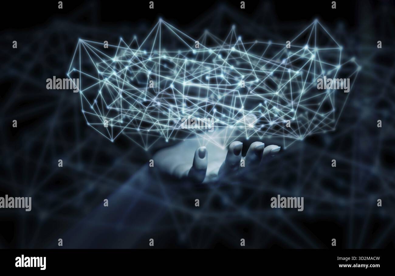 Human hand holds a virtual data network internet cloud connections with user communication lines Stock Photo