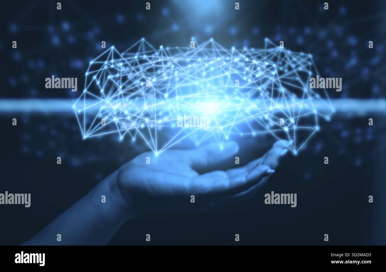 Hand holding virtual metaverse big data network web internet connections communications technology Stock Photo
