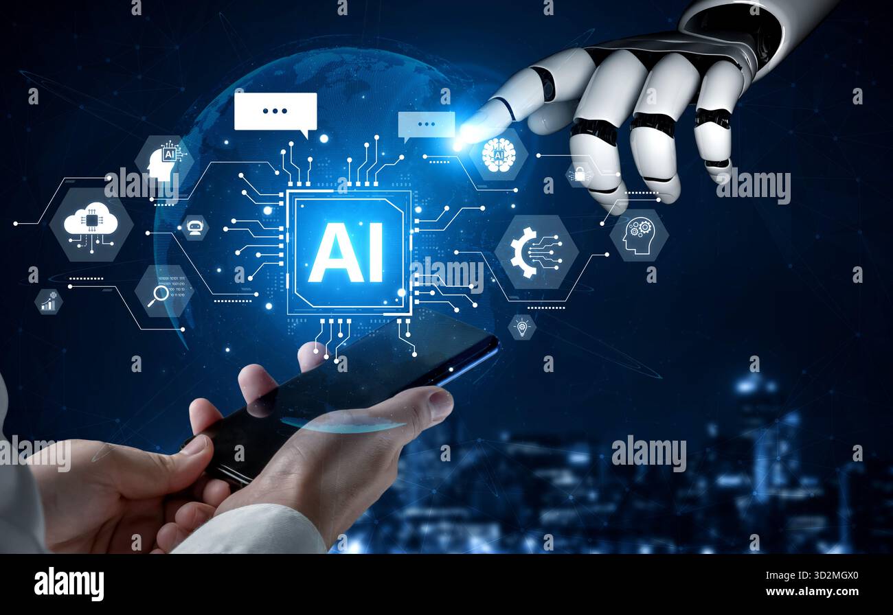 A generative AI assistant showcases its cognitive platform. This system powers conversational chatbots and intelligent cloud data processing for user Stock Photo