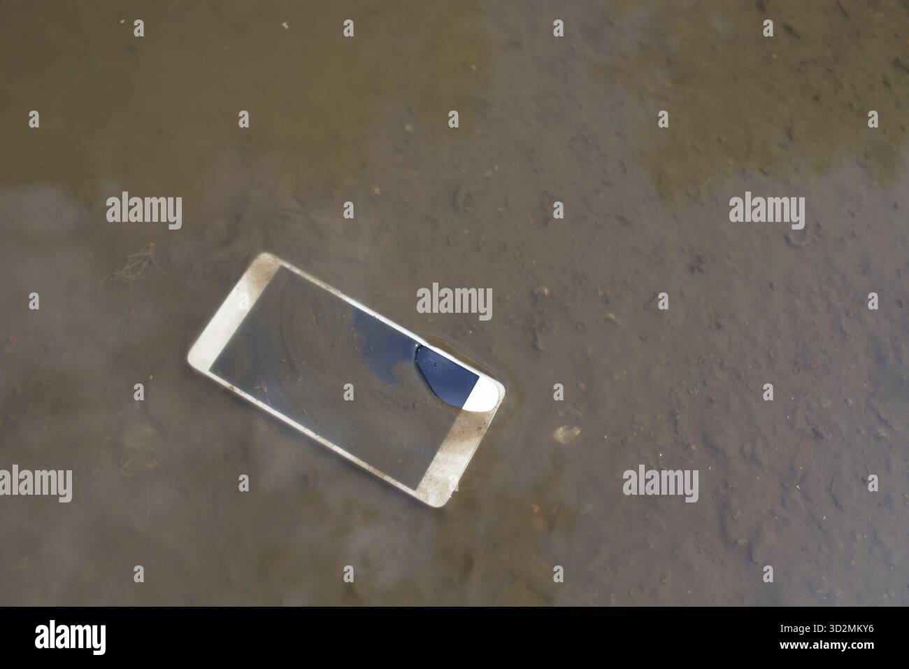 Mobile phone lying on pavement in puddle Stock Photo