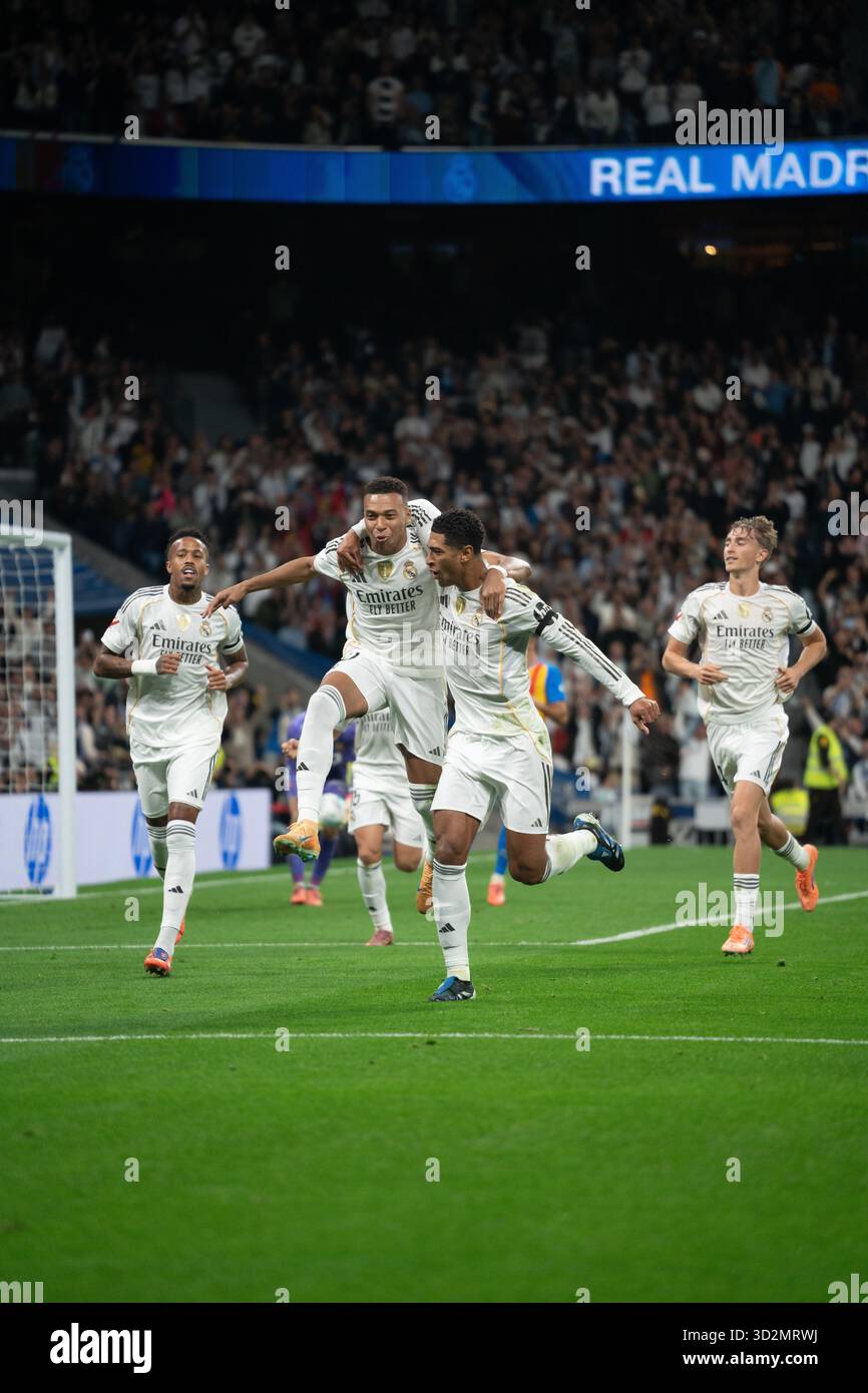 Mbappé and Bellingham celebrating a goal during the LaLiga match against Valencia at Santiago Bernabéu, Madrid Stock Photo