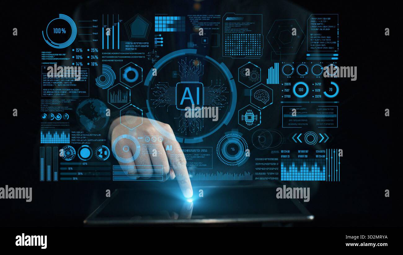 Explore a futuristic digital interface showcasing AI data visualizations and interactive analytics, symbolizing technology advancement and innovative Stock Photo