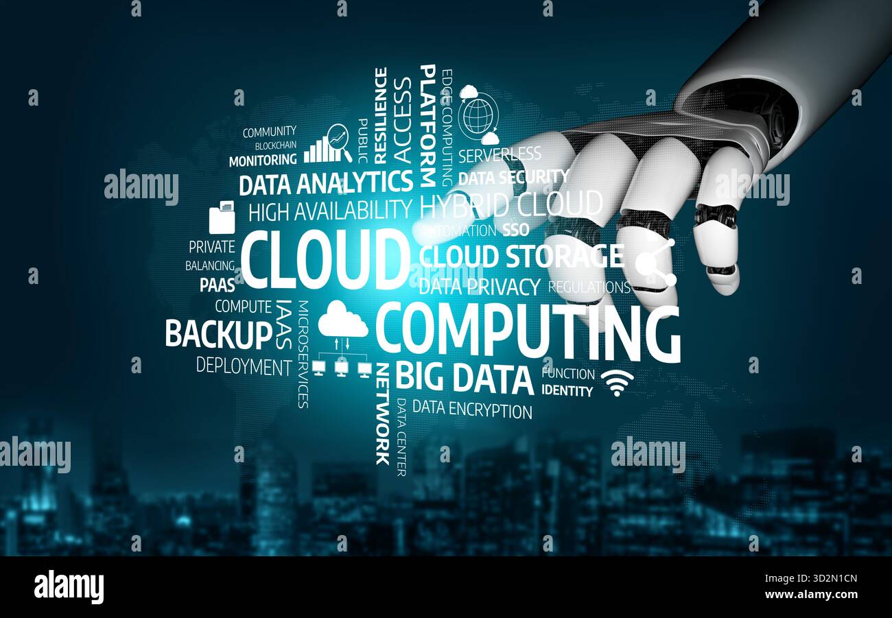 A striking image featuring a robotic hand interacting with cloud computing concepts. The artwork showcases various data-related keywords emphasizing t Stock Photo