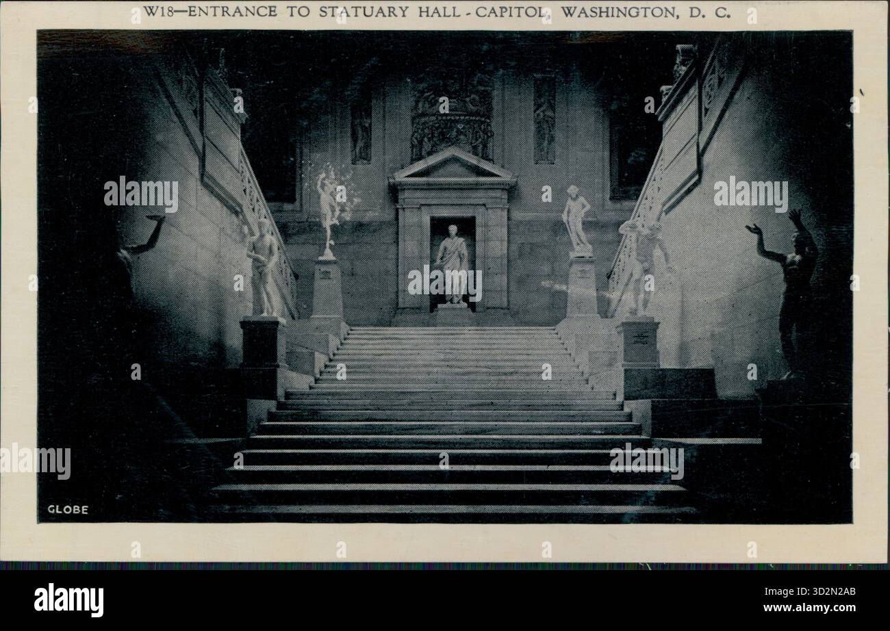 Postcard of the entrance to Statuary Hall at the Capitol, adorned with statues, Washington, D.C, 1920. United States. Stock Photo