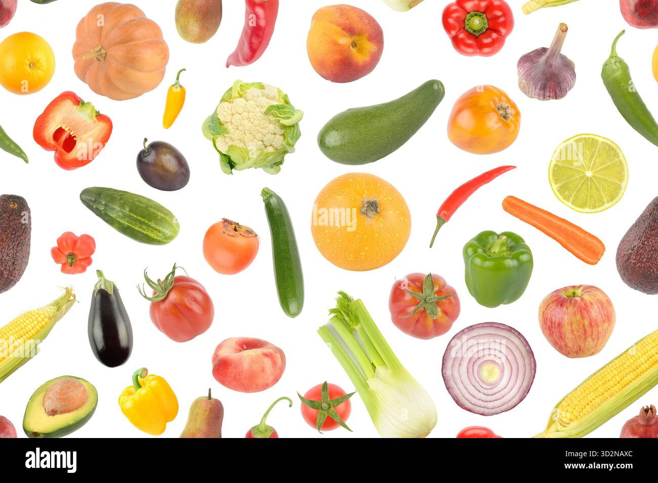 Beautiful seamless pattern fresh fruits and vegetables isolated on white background. Stock Photo