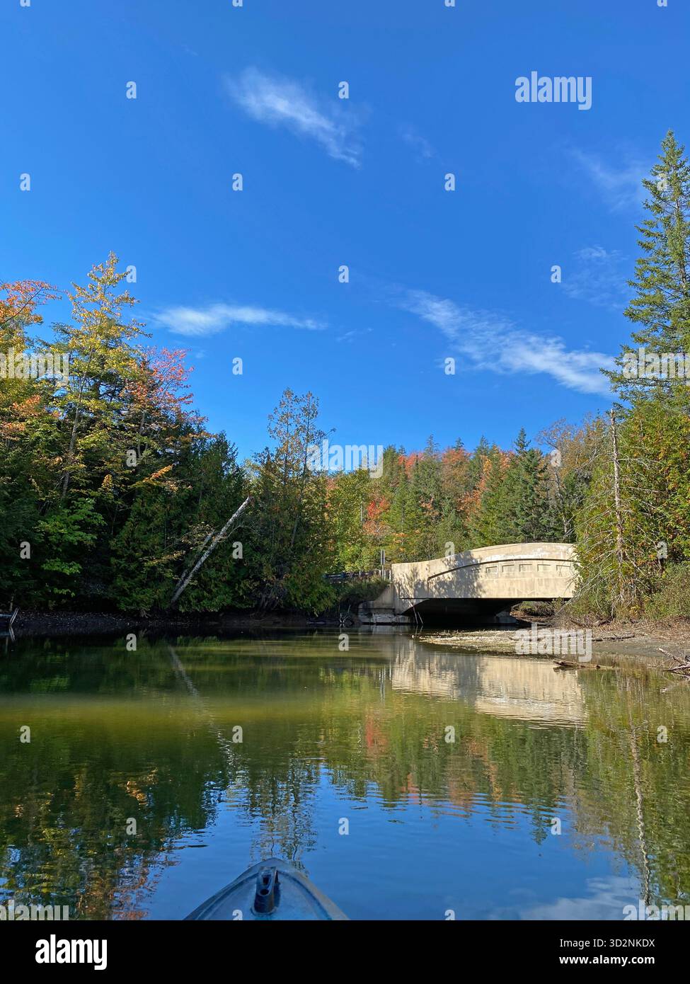 Kayaking down the Manistique River through a forest, lined with trees changing colors in the fall,  with a low bridge ahead, in Germfask, Michigan - Smartphone Captured Stock Image