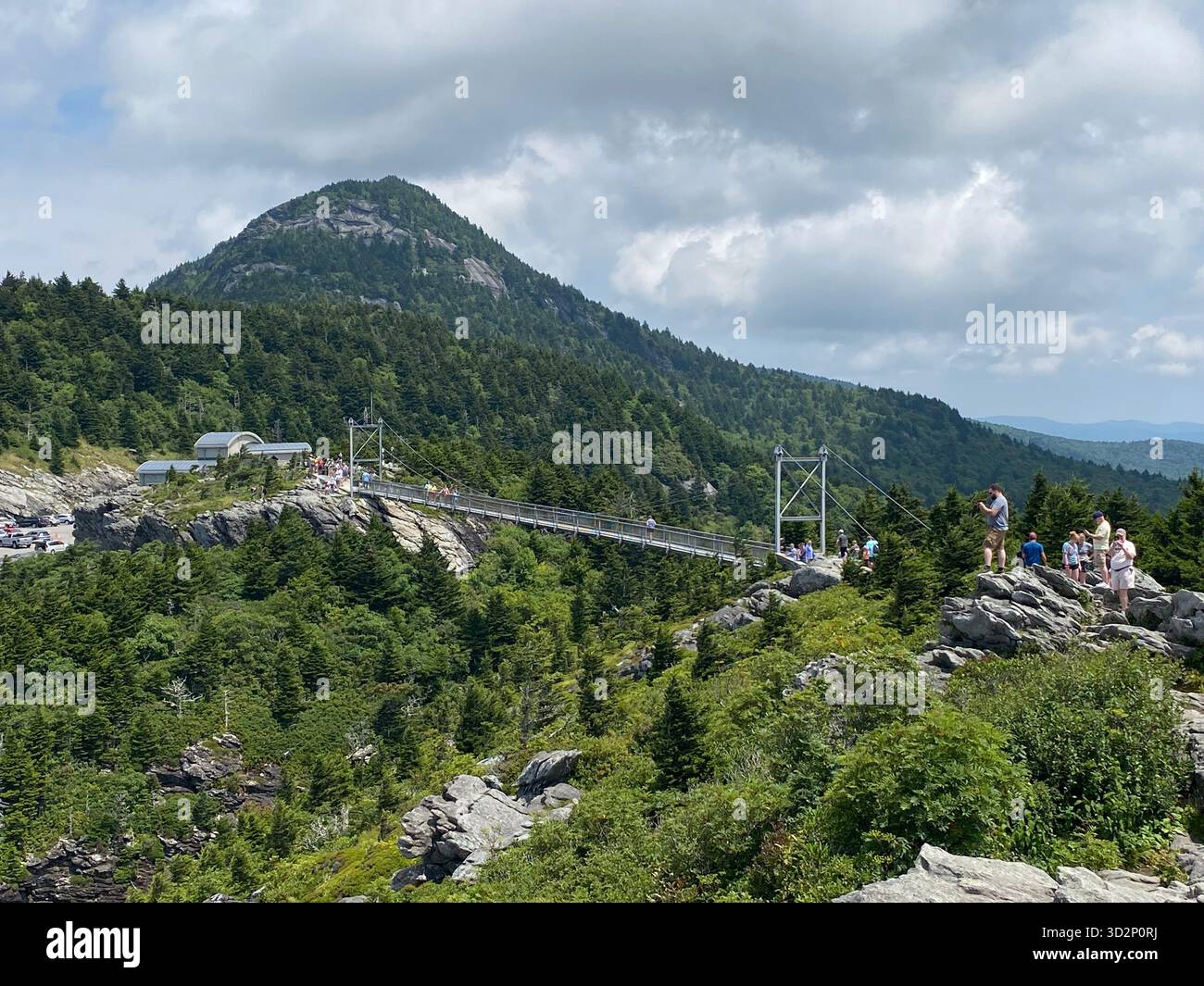 long pedestrian cable bridge stretching across mountain valley - Smartphone Captured Stock Image