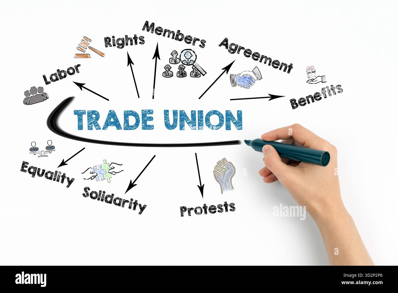 TRADE UNION Concept. Chart with keywords and icons on white background ...