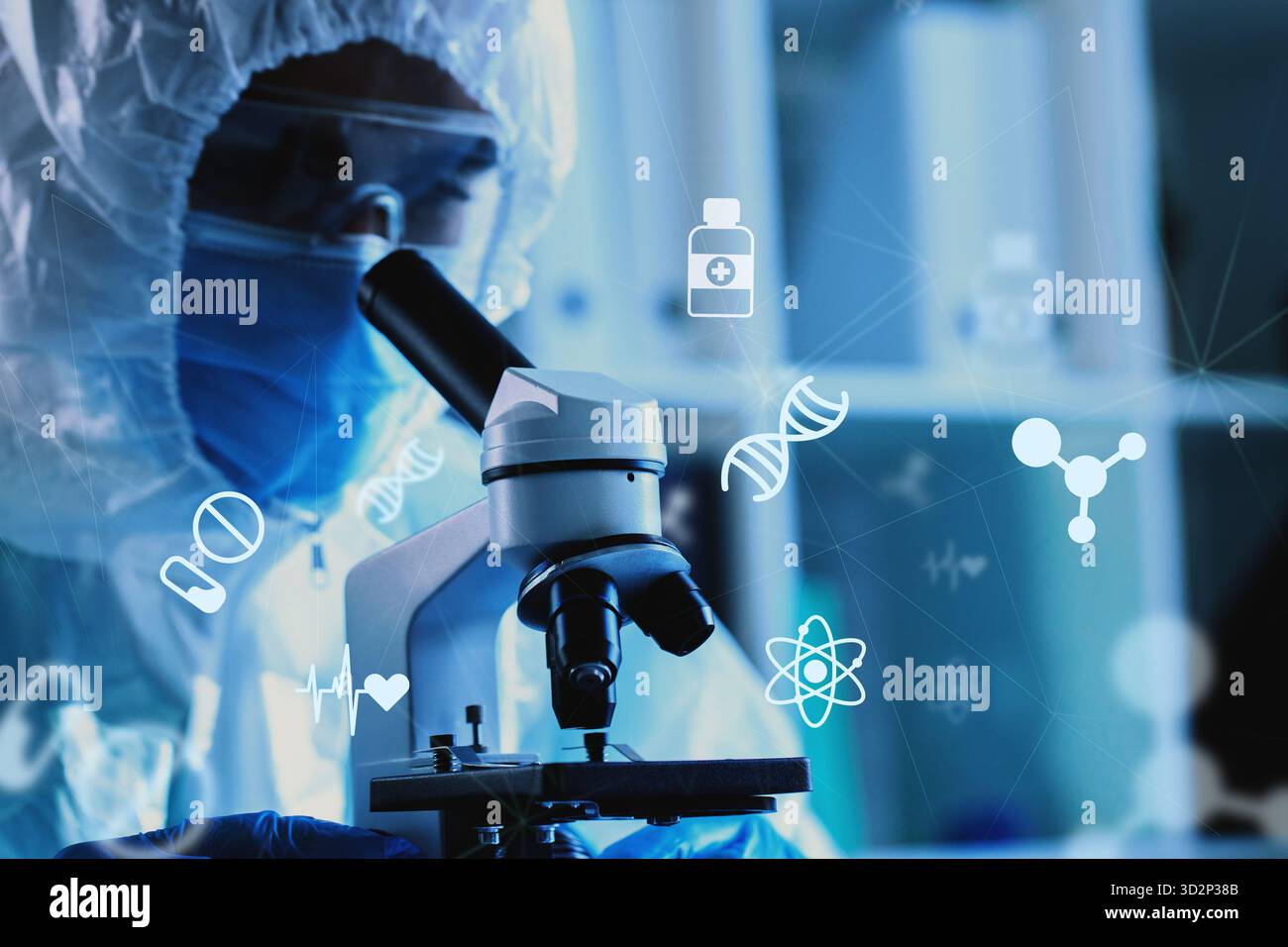 Scientist examining samples with a microscope in a laboratory during research activities Stock Photo