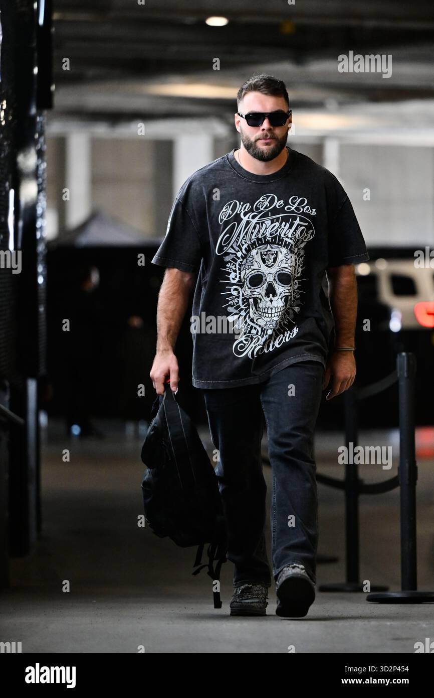 Las Vegas Raiders linebacker Jon Rhattigan arrives for an NFL football ...