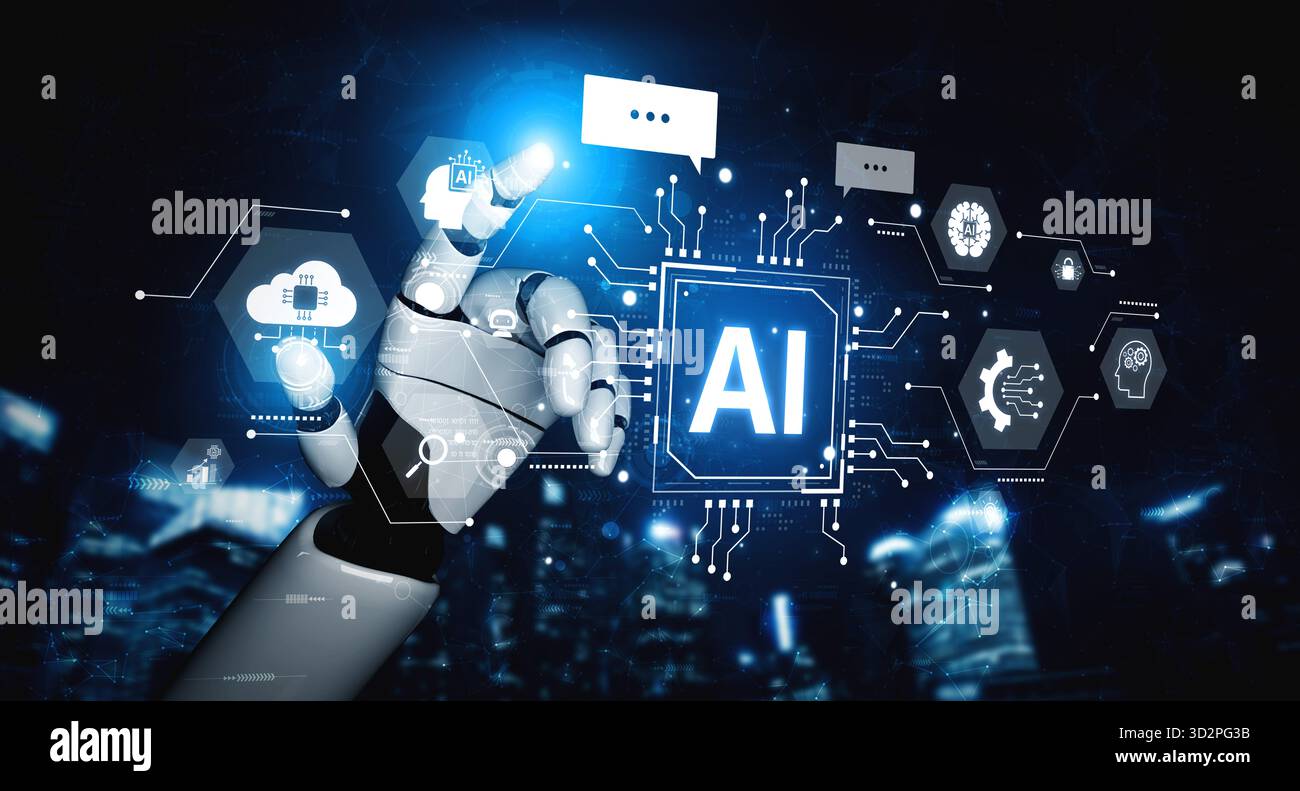 A generative AI assistant showcases its cognitive platform. This system powers conversational chatbots and intelligent cloud data processing for user Stock Photo